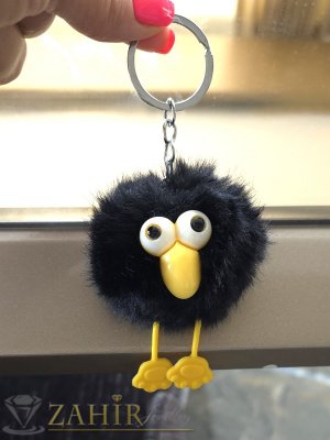 Черно пухено пиле 8 см - ключодържател 13 см с движещи се крачета и жълта човка - KL1171